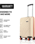 Beige cabin suitcase with ridged shell, telescopic handle, and red-accent wheels
