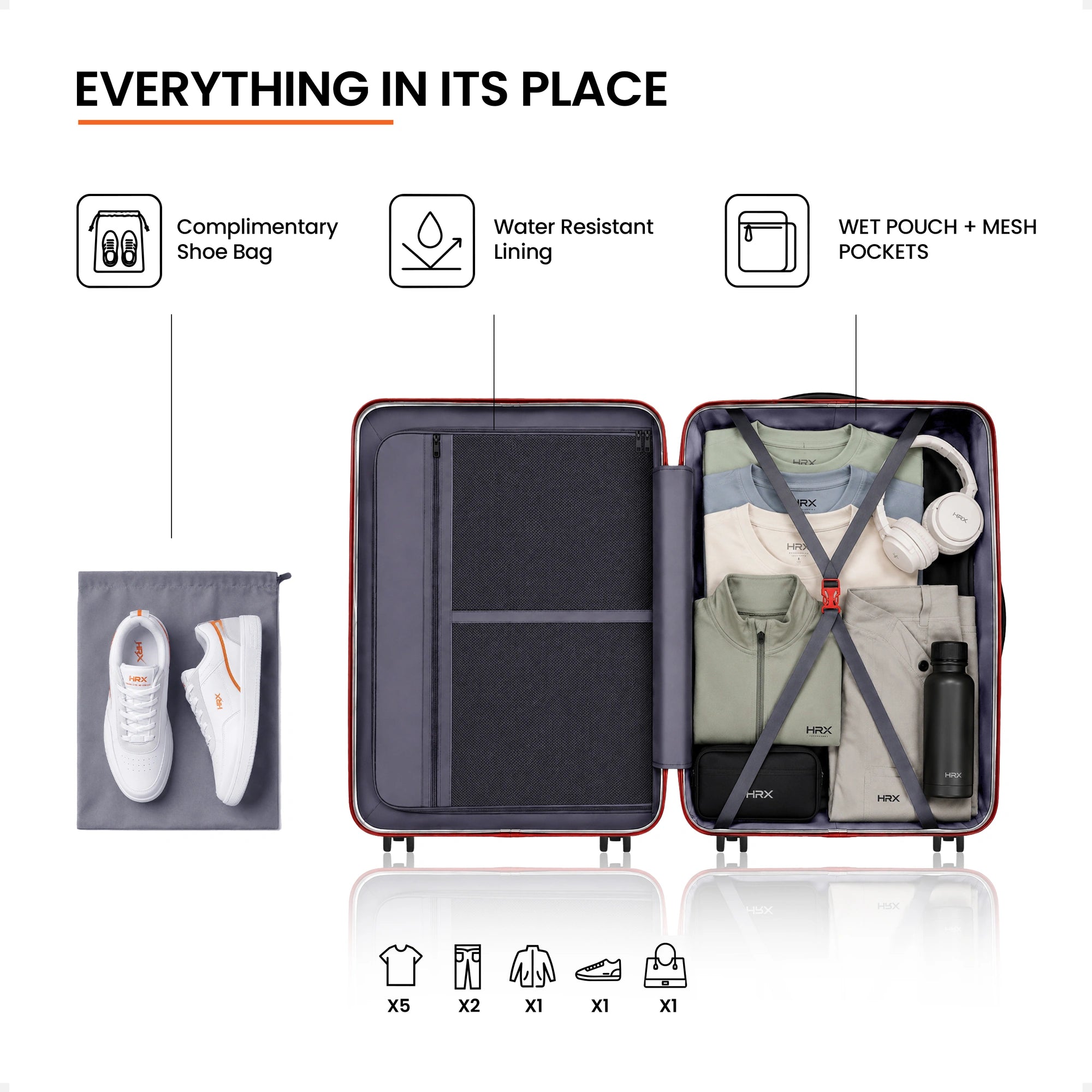 Open beige suitcase interior with divider panels, mesh pocket, and shoe bag