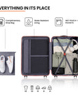 Open beige suitcase interior with divider panels, mesh pocket, and shoe bag