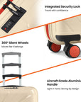Beige cabin suitcase detail: integrated security lock, red lining, and 360 silent wheels