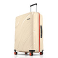 Beige large check-in suitcase side view with textured shell and 8 wheels