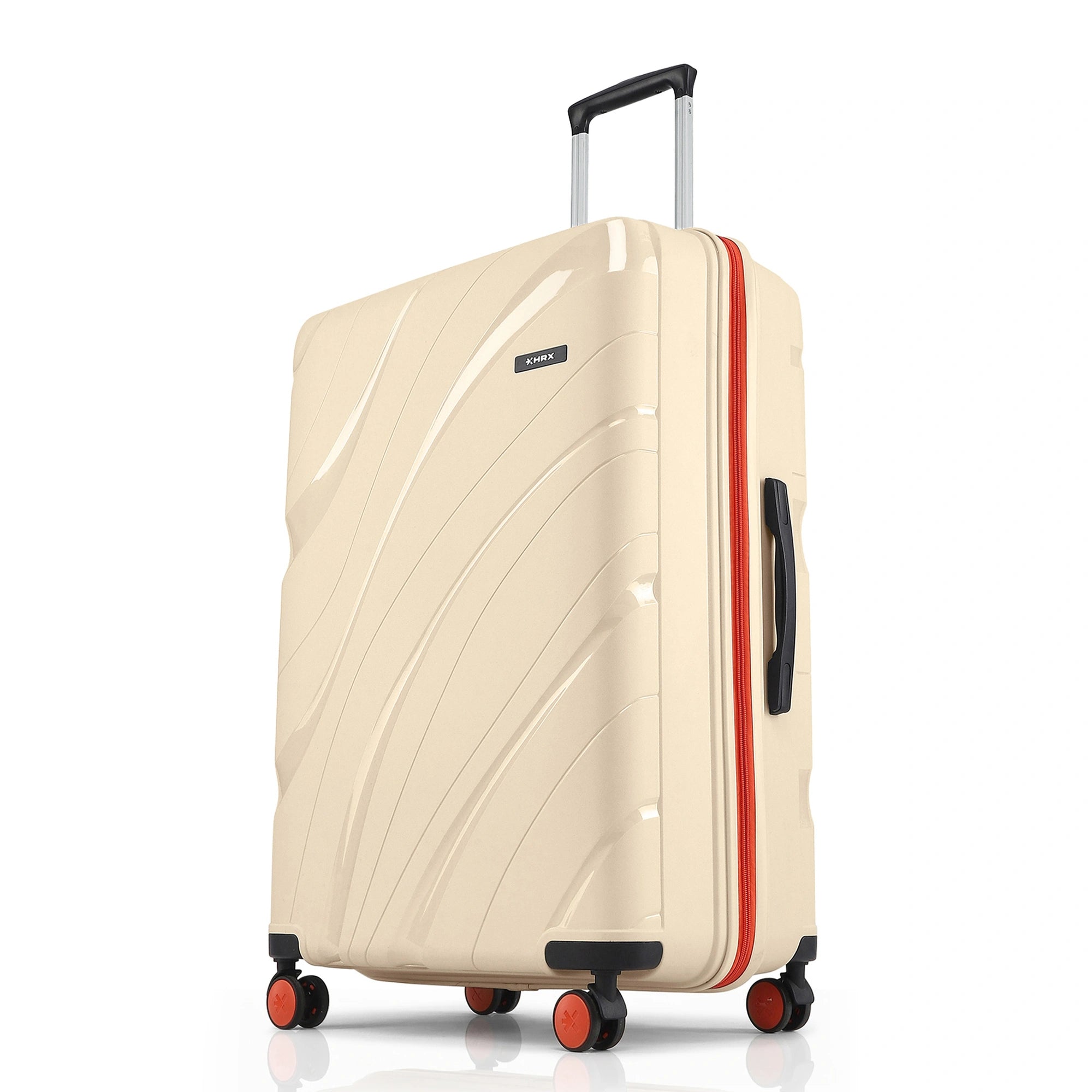 Large check-in suitcase in beige with four spinner wheels and side carry handle