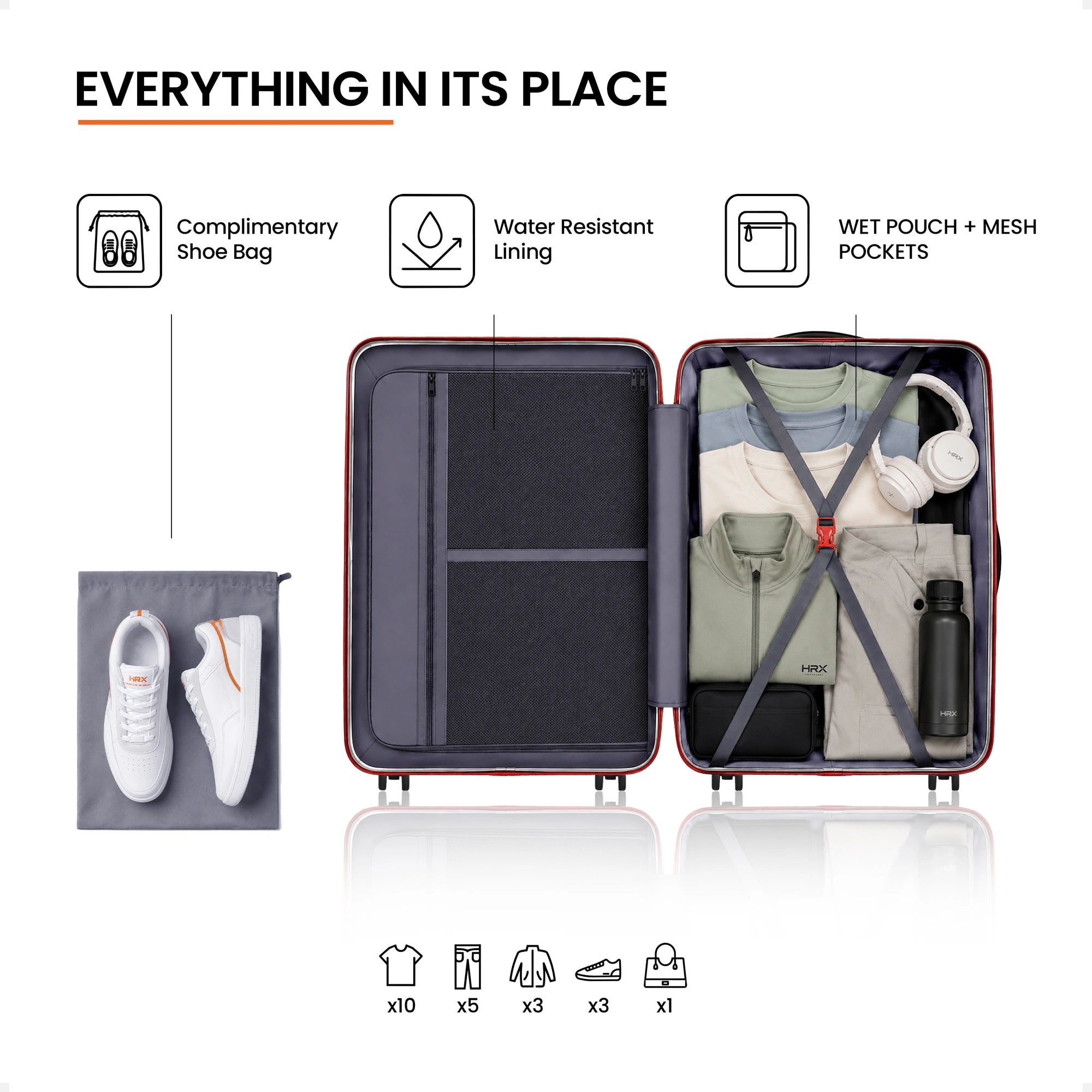 Open suitcase interior with compartments, straps, mesh pockets, and small accessories