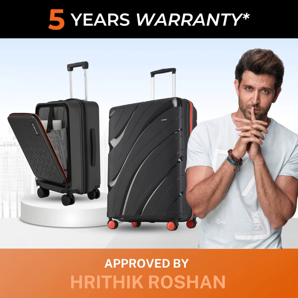 Black hard-shell trolley suitcases with red wheels, telescopic handles, laptop front pocket