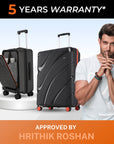 Black hard-shell trolley suitcases with red wheels, telescopic handles, laptop front pocket