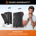 Black hard-shell trolley suitcases with red wheels, telescopic handles, laptop front pocket
