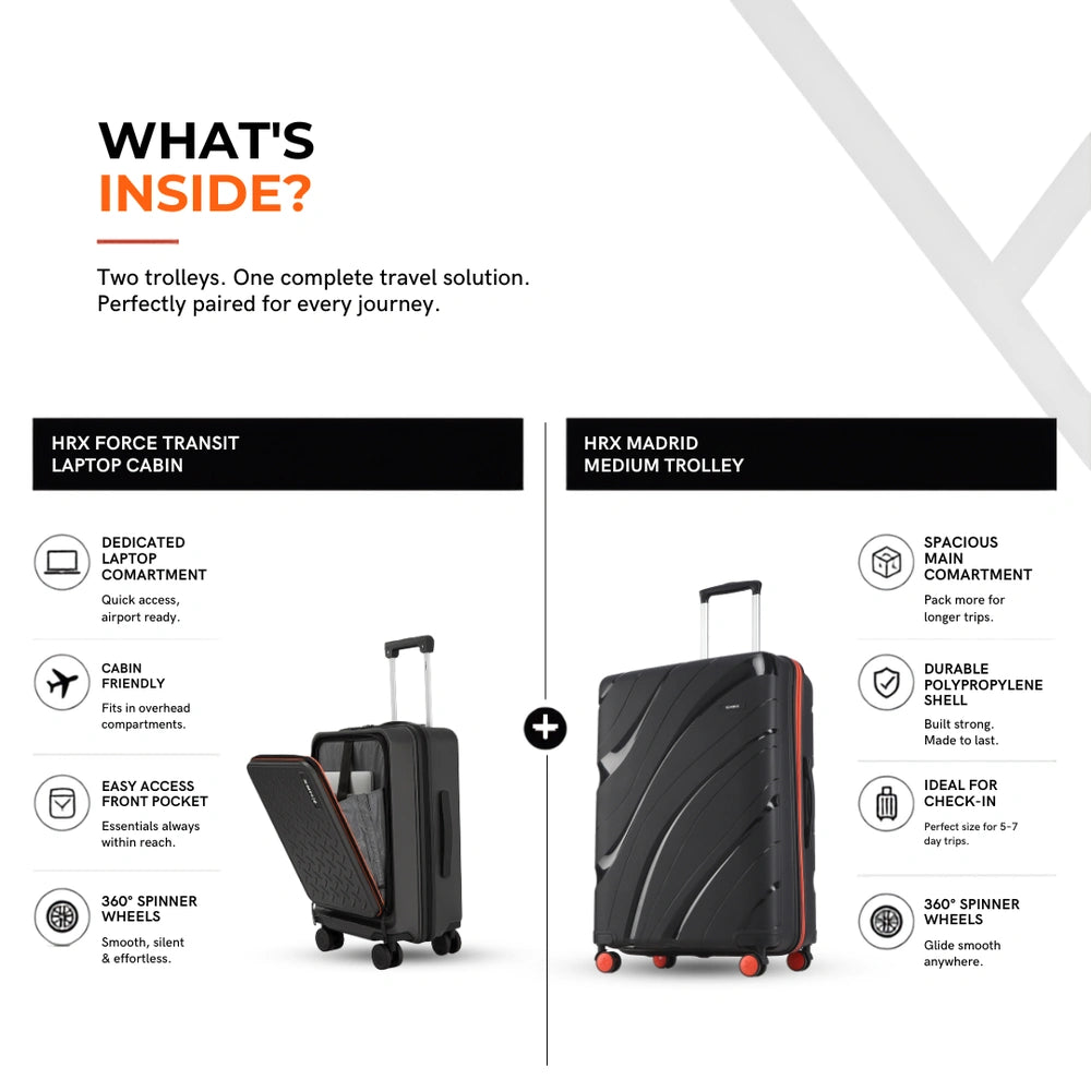 Two black hard-shell trolley suitcases with red wheels and upright laptop cabin pocket