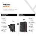 Two black hard-shell trolley suitcases with red wheels and upright laptop cabin pocket