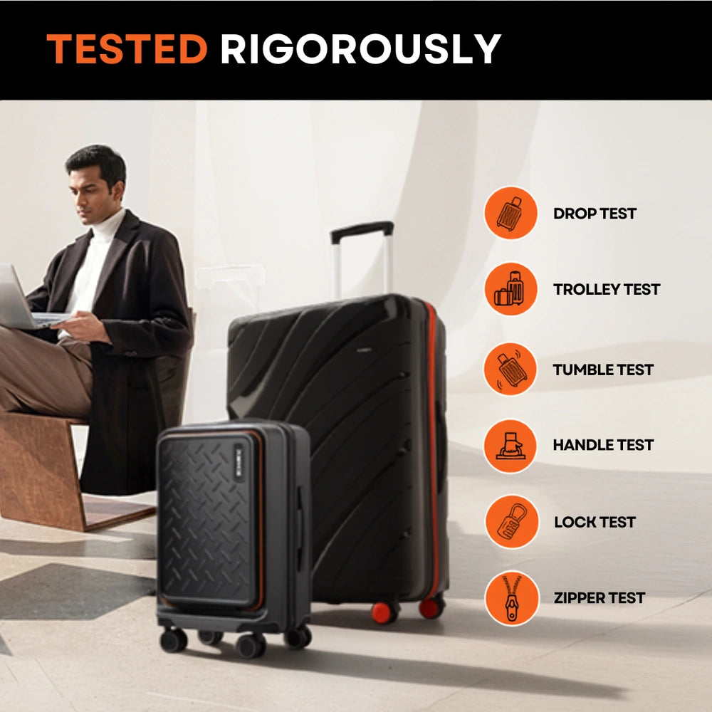 Black hard-shell trolley suitcase with telescopic handle, red wheels, side storage pocket