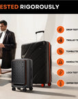 Black hard-shell trolley suitcase with telescopic handle, red wheels, side storage pocket