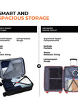 Black trolley suitcase with open interior storage compartments and compression straps