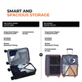 Black trolley suitcase with open interior storage compartments and compression straps