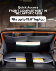 Black front laptop compartment on trolley suitcase opening with stacked papers