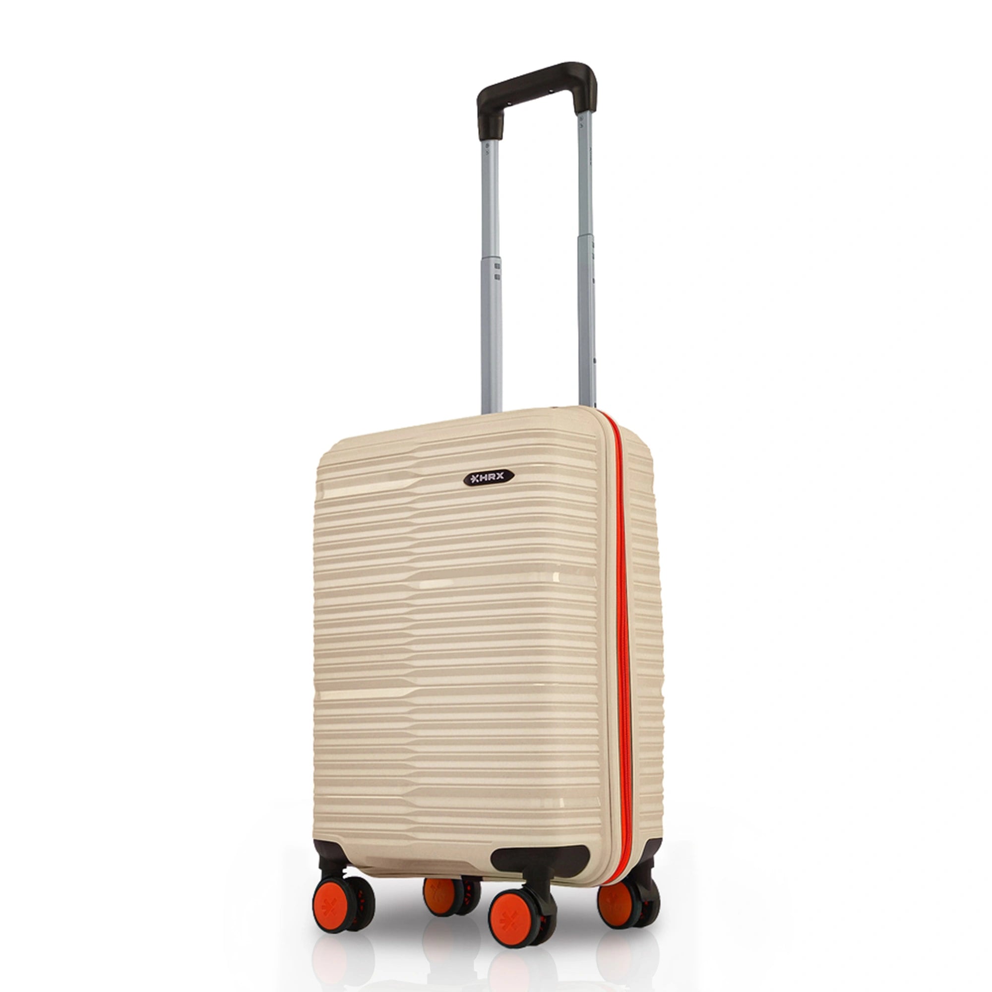 Beige hard-shell small cabin suitcase with telescopic handle and eight spinner wheels