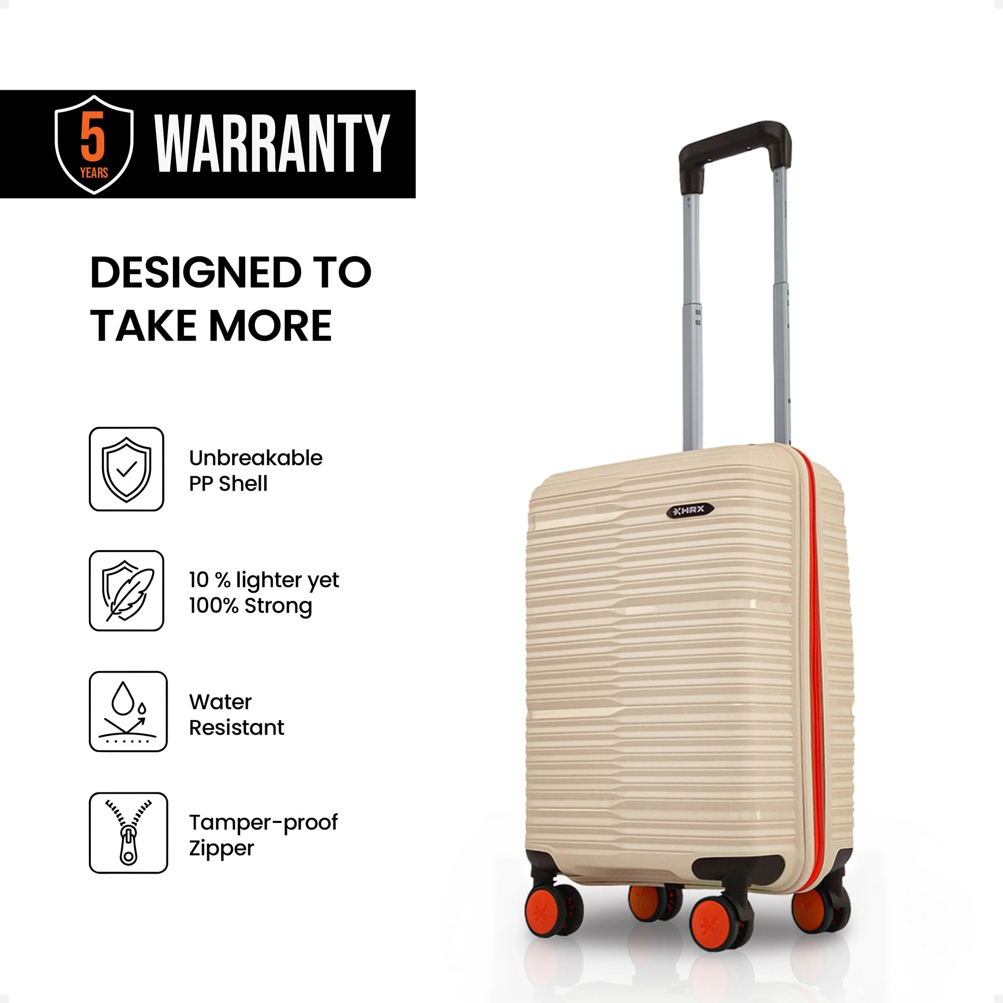 Beige small cabin suitcase with orange-trimmed edges, telescopic handle, and spinner wheels
