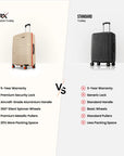 Beige small cabin suitcase side view with textured shell, side handle, and orange wheels