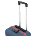 Blue cabin suitcase with telescopic handle, black top strap, and red accent stripe