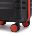Black small cabin suitcase with red-accent wheels and front wheel housing
