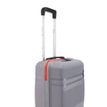 Small cabin suitcase, gray hard shell with red trim, side view, telescopic handle