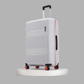 Hard-shell white suitcase with red edge trim and side zipper, angled view