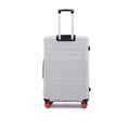 Hard-shell white suitcase with extended handle and red wheel accents, front view