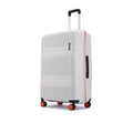 Hard-shell white suitcase with side grip handle and red trim line, side view