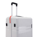 White hard-shell luggage with red-edge trim, front panel and black carry handle