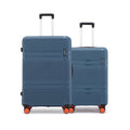 Hard body luggage set of two blue suitcases with telescopic handles and red wheel accents