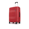 Hard-shell red luggage with side handle, vertical zipper seam, and small caster wheels.