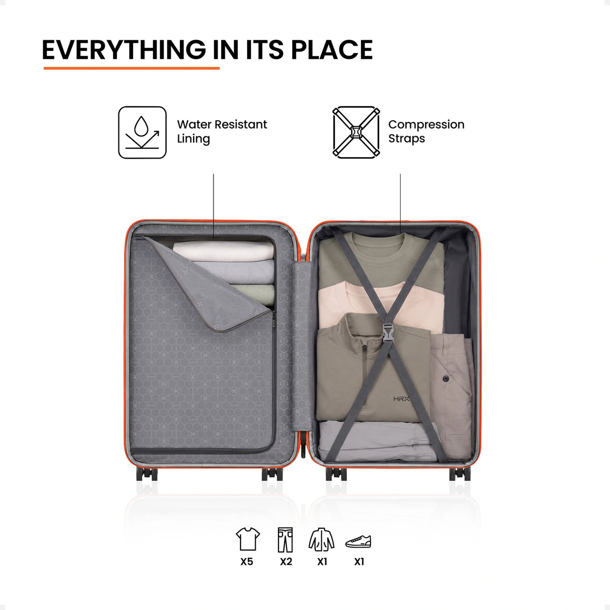 Open small cabin suitcase with gray lining, compression straps, and water-resistant panel