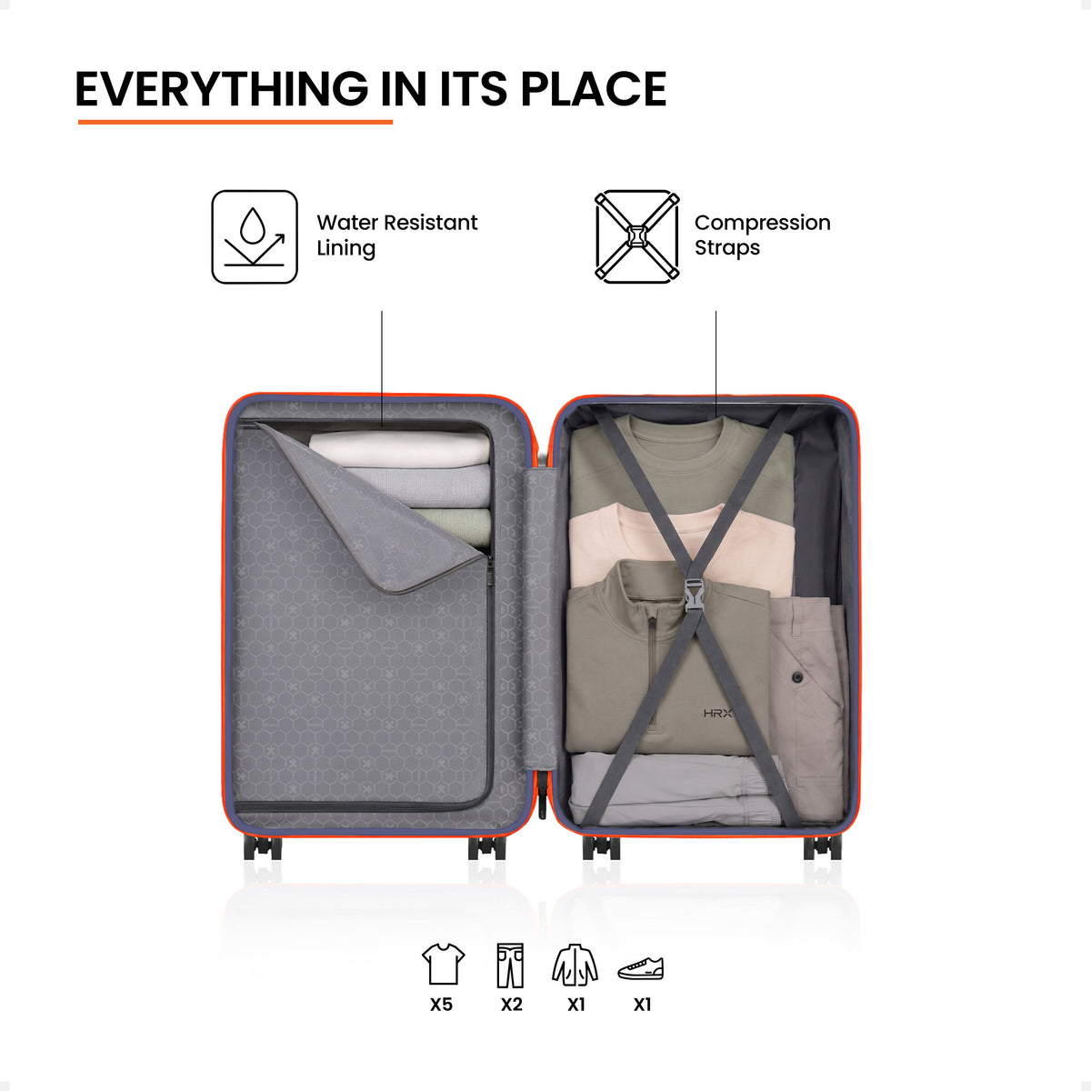 Open navy blue suitcase interior with grey lining, divider panel and compression straps.
