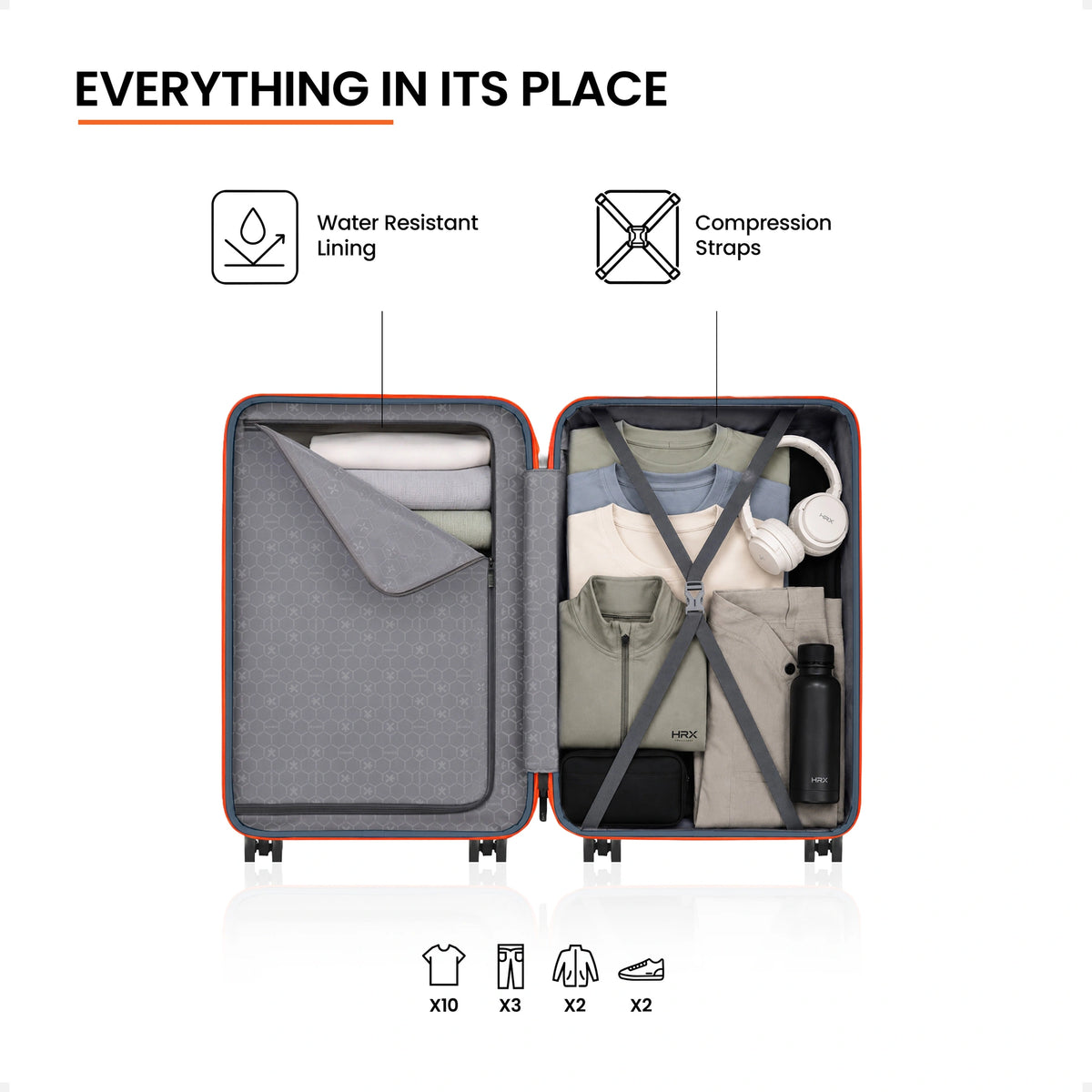 Medium check-in suitcase open, blue interior lining with packing straps and compartments