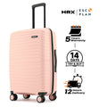 Hard-shell check-in suitcase, peach shell, side view with handle and 4 wheels