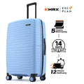 Light blue hardshell check-in suitcase with telescopic handle and four spinner wheels
