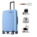 Hard-shell check-in suitcase, light blue shell, side view with handle and 4 wheels