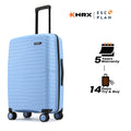 Small cabin suitcase with wheels and black handle, blue hard-shell exterior