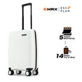 Small cabin suitcase with wheels and black handle, peach hard-shell exterior