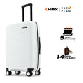 Large check-in suitcase, white shell with telescopic handle and four corner wheel guards