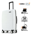 Hard-shell check-in suitcase, white shell, side view with handle and 4 wheels