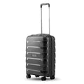 Black cabin trolley front view with ridged shell and four spinner wheels
