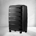 Black large check-in trolley suitcase, ribbed panels, four spinner wheels
