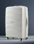 Light grey large check-in trolley suitcase, ribbed panels, four spinner wheels