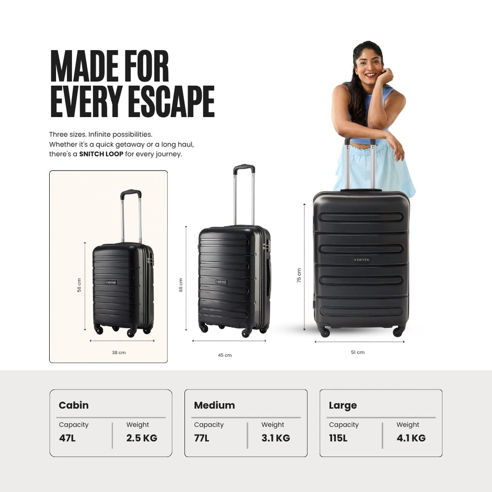 Set of three hard-shell cabin trolleys in black, with telescopic handles and 4 wheels
