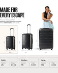 Set of three hard-shell cabin trolleys in black, with telescopic handles and 4 wheels