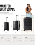 Black rolling trolley set with 4 wheels each, three sizes shown, upright