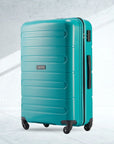 Teal polypropylene check-in trolley with 4 wheels, upright front view, side handle
