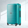 Teal polypropylene check-in trolley with 4 wheels, upright front view, side handle