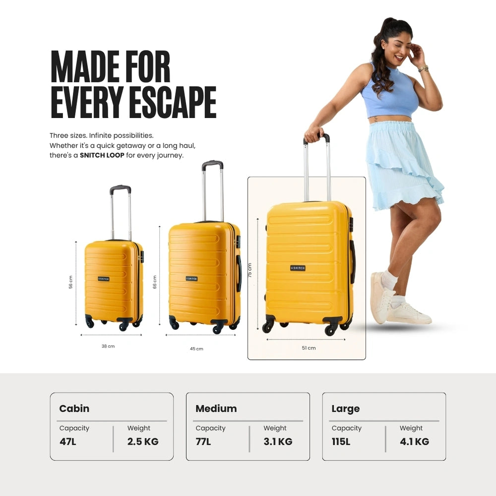 Yellow rolling trolley set with 4 wheels each, three sizes shown, upright