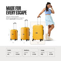 Yellow rolling trolley set with 4 wheels each, three sizes shown, upright