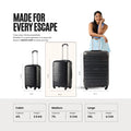 Set of three black 4-wheel polypropylene suitcases shown in front and side views
